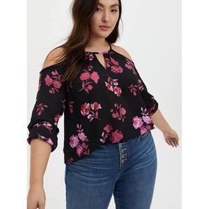 *New Torrid Black Floral Georgette Cold Shoulder Blouse Top Womens 00 M/L 10 $57